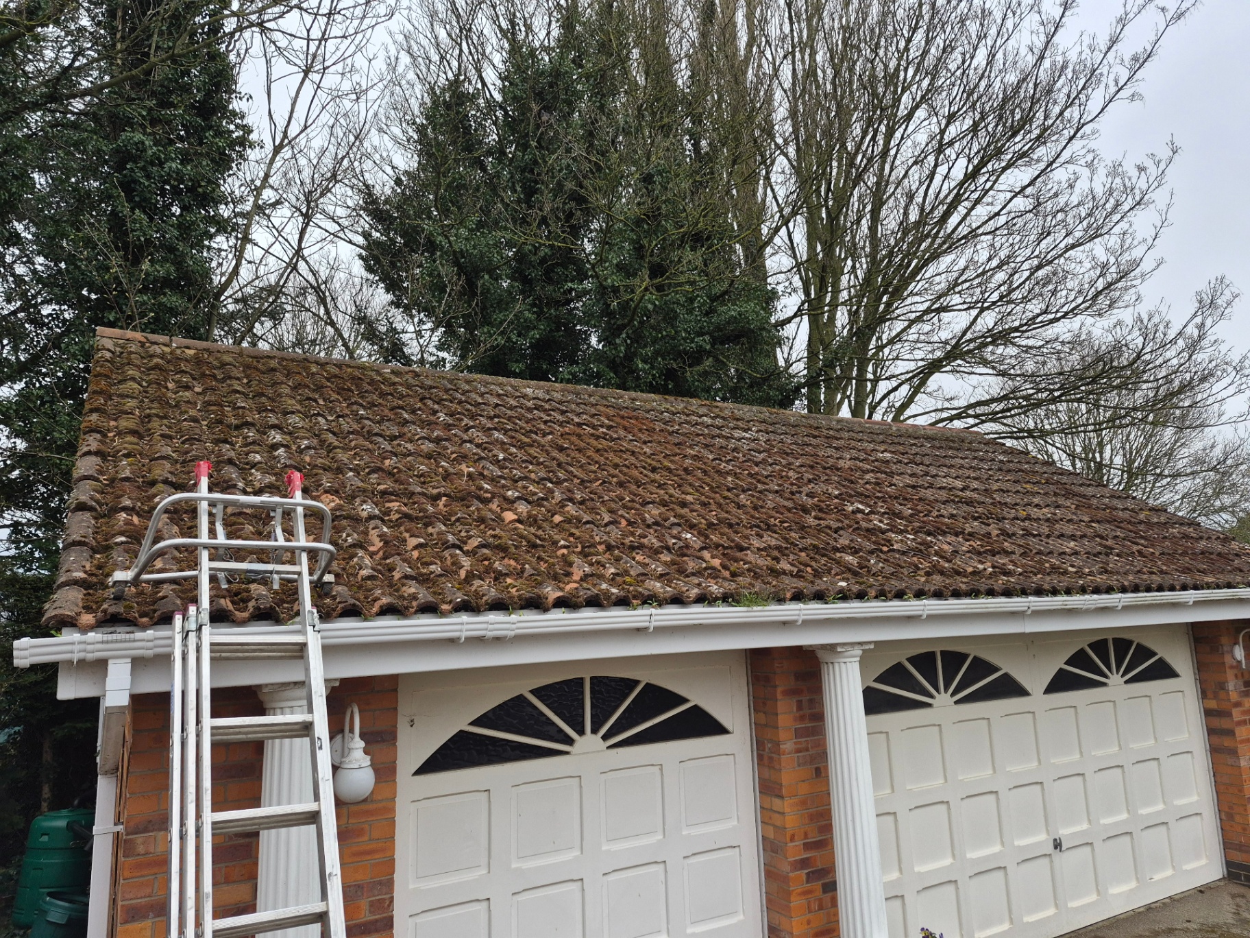 Garage roof soft-wash — before
